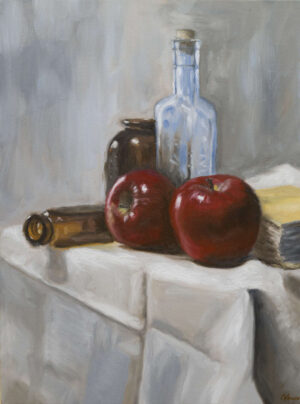 "Apple and Old Bottles" - Original Oil Painting